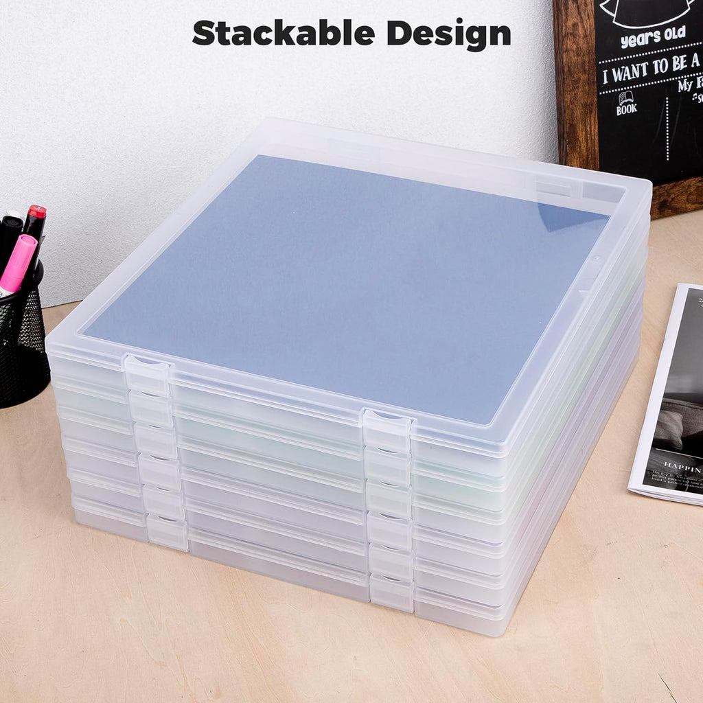 Scrapbook Paper Box Set 6 Pack, 12x12 Scrapbook Organizer with U-Shaped Lock, Stackable Clear Plastic Craft File Organizer for Cardstock and Scrapbooking Supplies