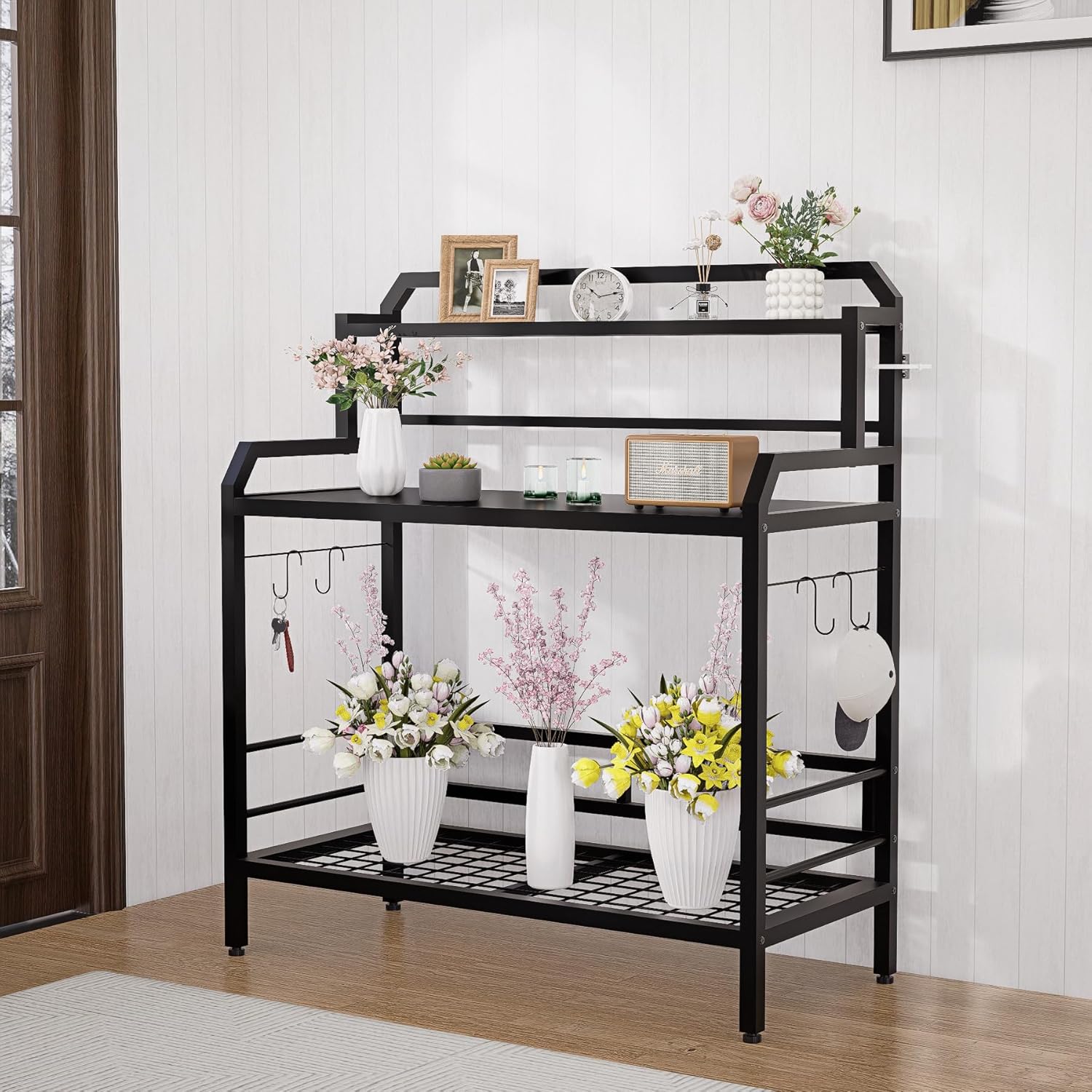 Outdoor Metal Potting Bench Table with Storage,3-Tier Heavy Duty Garden Workbench,All-Weather Gardening Table with 4 Side Hooks,18" D x 39" W x 32" - 47" H,Black