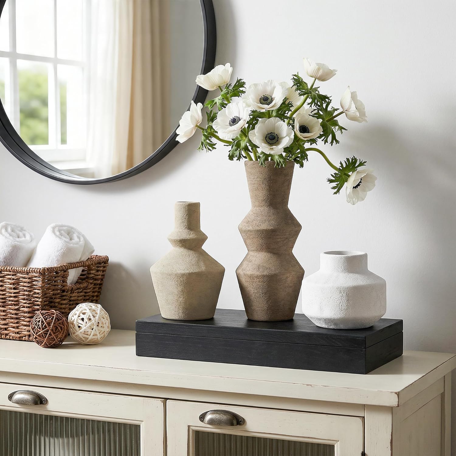 DREAMLOOM Ceramic Vase Set of 3, Modern Rustic Flower Vases for Pampas Grass, Dried & Fresh Flowers, Farmhouse Home Decor Vase for Living Room Bedroom Kitchen Shelf Centerpiece, Classic