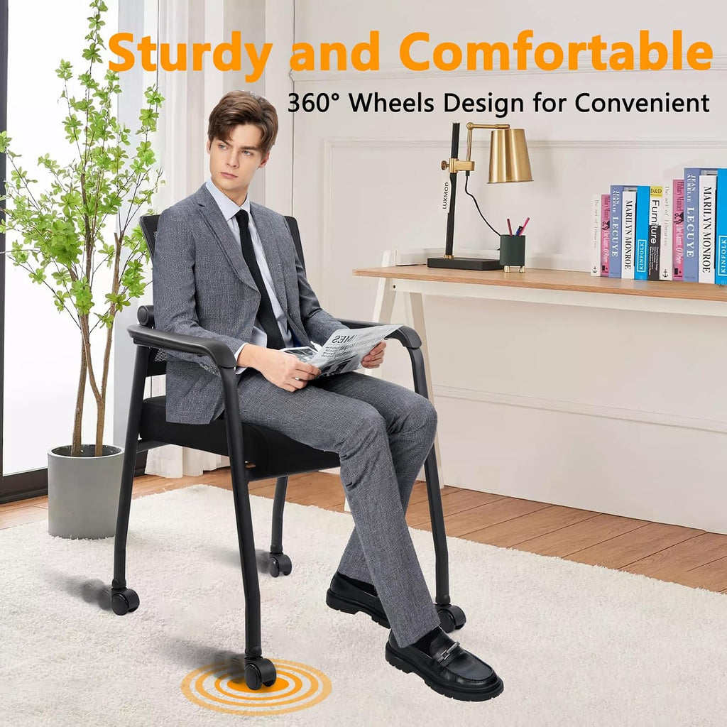KLASIKA Guest Reception Chair with Adjustable Mesh Backrest and Wheels, Arm Chair with Ergonomic Lumbar Support and Thickened Seats Cushion, Waiting Room Chairs for Office School Lobby Church, Black