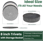 8 Inch Trivets for Hot Dishes, Hot Pots and Pans, Thick Heat Resistant Large Coaster for Kitchen, Hot Pads, Kitchen Essentials, Kitchen Decor for Table & Countertop with Storage Basket, 5 Pcs
