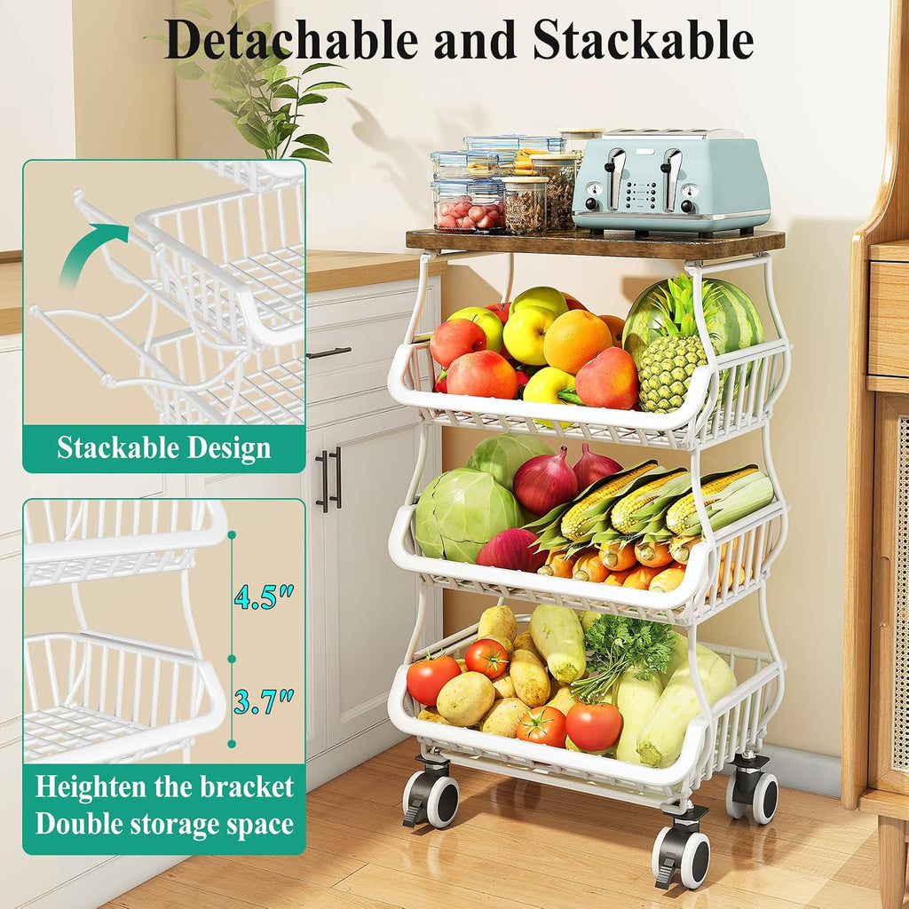 SAYZH Fruit Basket Kitchen Pantry Organizers and Storage - Wooden Top Table, Stackable Metal Wire Basket Stand Cart for Fruit Vegetable Snacks Onion Potato Organization (White, 4 Tiers)