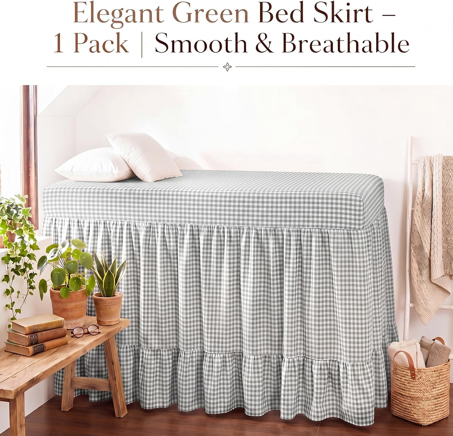 Tudomro Green Dorm Bed Skirt Twin XL 32 Inch Drop, Gingham Check with Ruffled Hem, Split Corners Microfiber Bed Skirts Soft Fabric Bedskirt for Dorm Bedrooms Easy to Install Clean