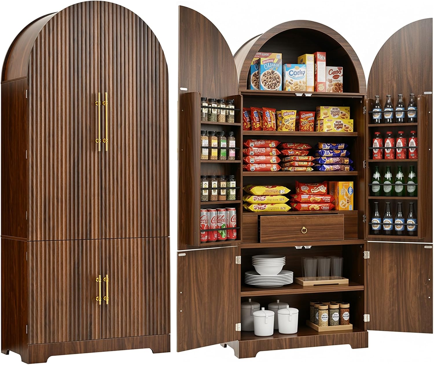 72" Tall Arched Kitchen Pantry Cabinet with 3 Adjustable Shelves, Fluted Storage Cabinet with Hidden Drawer and 8 Door Shelves for Kitchen, Dining and Bathroom (Brown)