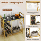 Giantex 21-Bottle Wine Rack Freestanding Floor, Wine Bar Table with 6-Glass Wine Glass Holder, Industrial Wine Display Storage Shelf, Liquor Coffee Bar Cabinet for Home, Dining Room (Gold+Black)