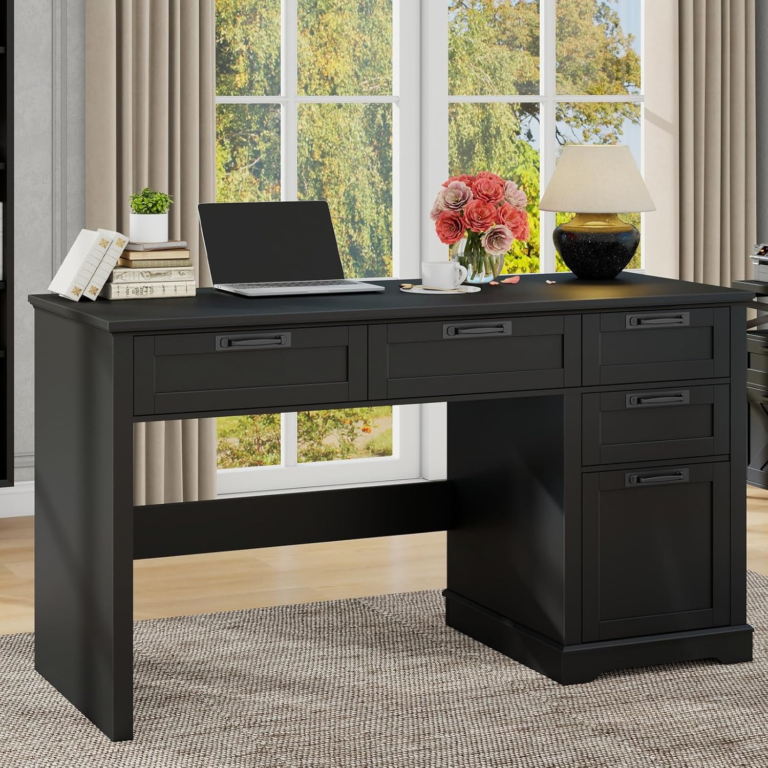 Vabches 55" Farmhouse Home Office Desk with File Drawer, Executive Computer Desk with 4 Storage Drawers, Rustic Computer Desk for Working, Studying, Writing（Pure Black