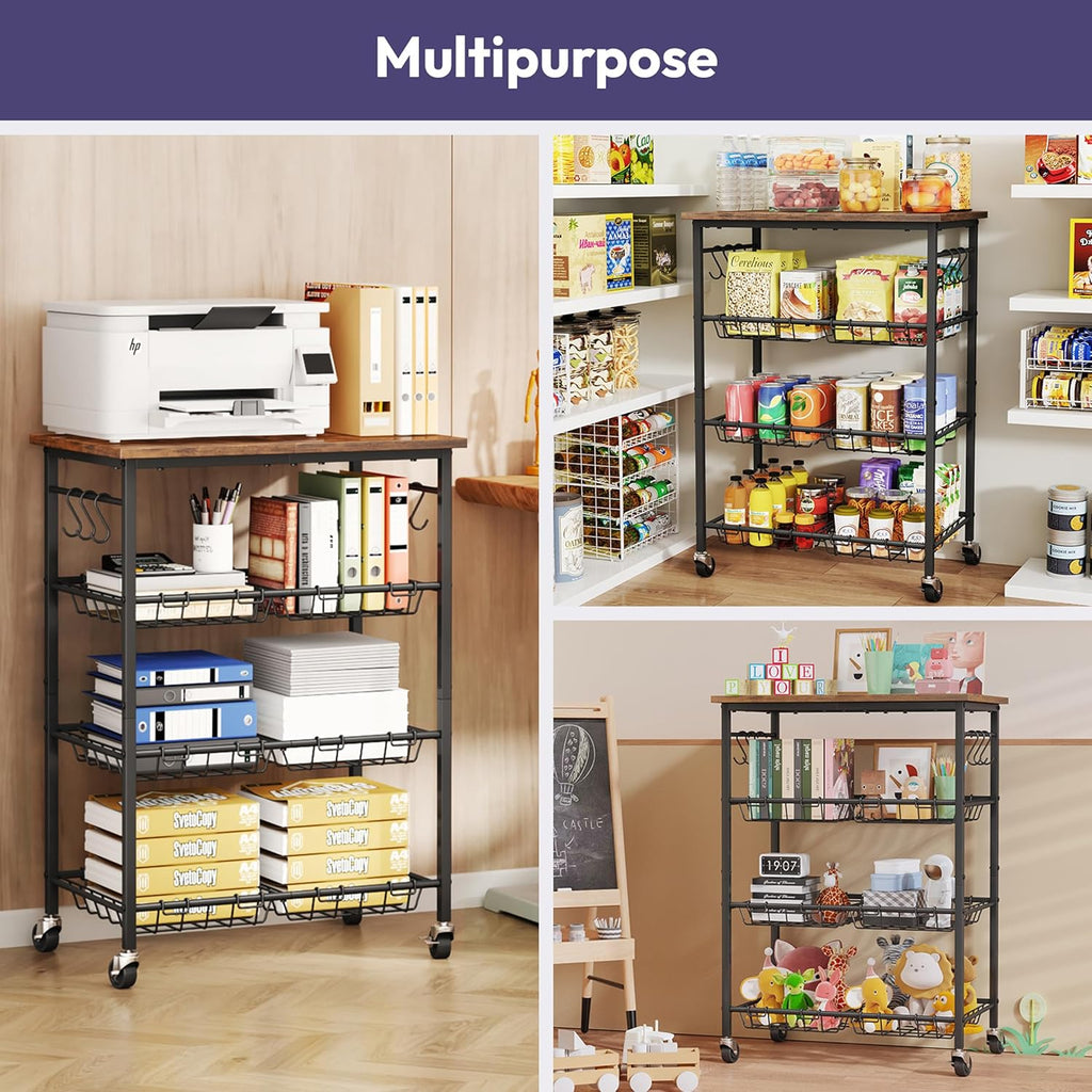 SWTYMIKI 24.4''x15.7'' Rolling Microwave Cart - 4 Tier Microwave Table Stand with 6 Storage Baskets, Coffee Bar with Wheels, Kitchen Utility Cart Shelf Rack Organizer for Vegetables, Potato, Brown