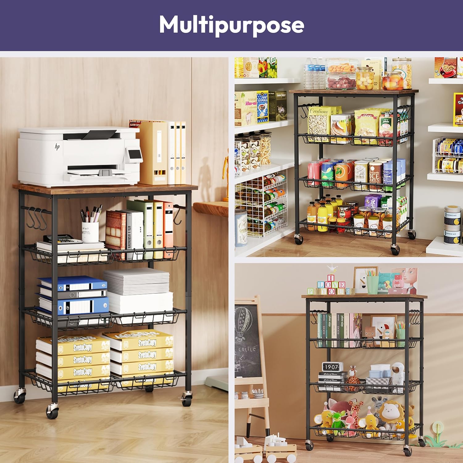 SWTYMIKI 24.4''x15.7'' Rolling Microwave Cart - 4 Tier Microwave Table Stand with 6 Storage Baskets, Coffee Bar with Wheels, Kitchen Utility Cart Shelf Rack Organizer for Vegetables, Potato, Brown