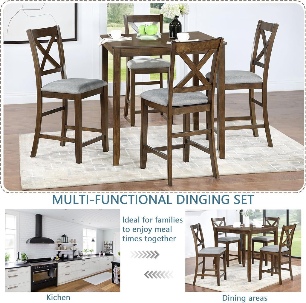 Merax Farmhouse Dining Table Set for 4, Counter Height Kitchen Table Set with Square Table and 4 Upholstered Chairs for Kitchen, Dining Room, Small Space, Walmut