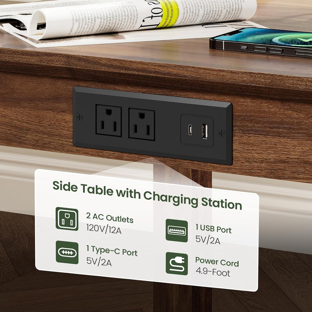 CHOEZON Narrow Nightstand and Farmhouse End Table with Charging Station Bundle, 2-Tier Large Side Table, Square End Table, Skinny Side Table for Living Room, Bedroom MBZ12HT-MBZ15UHT