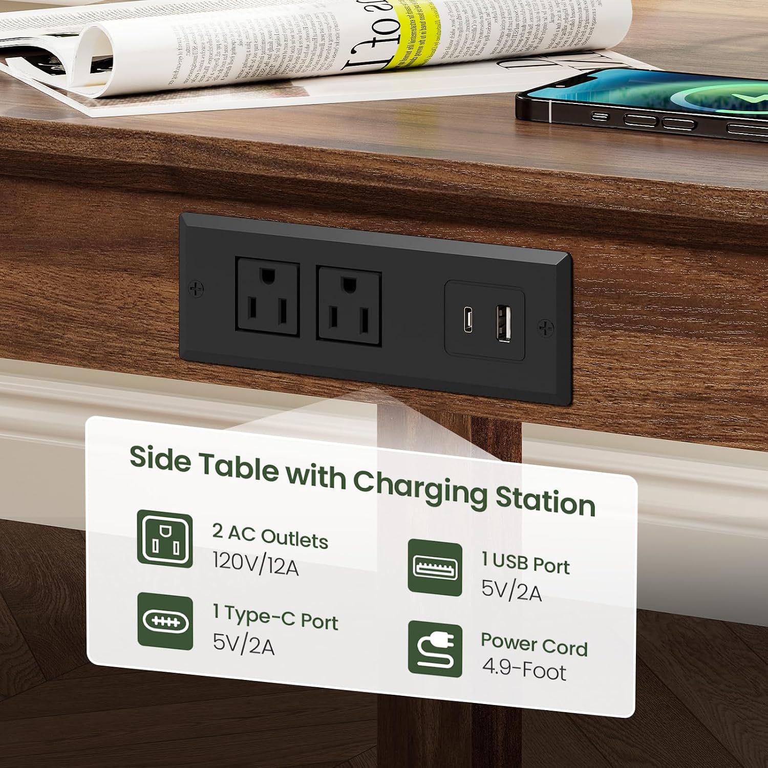CHOEZON Narrow Nightstand and Farmhouse End Table with Charging Station Bundle, 2-Tier Large Side Table, Square End Table, Skinny Side Table for Living Room, Bedroom MBZ12HT-MBZ15UHT