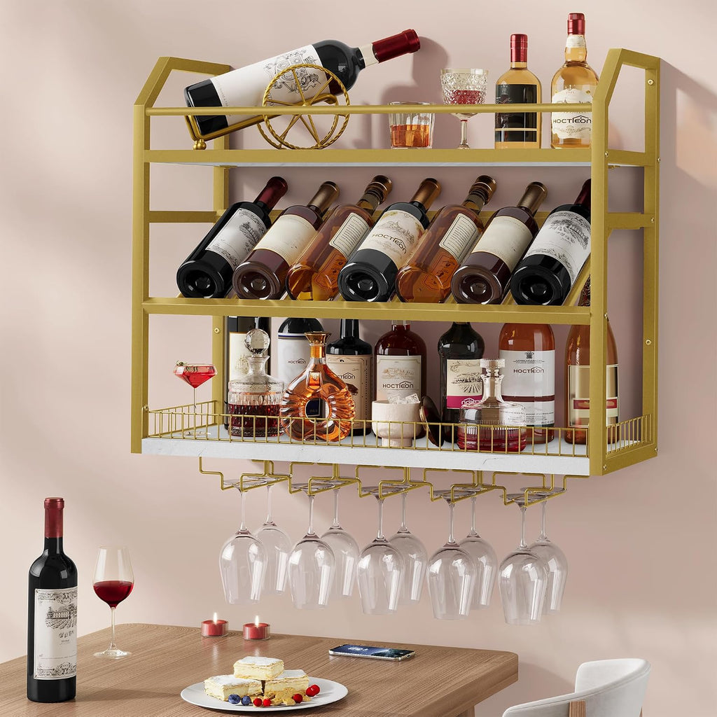 Hoctieon Wall Mount Wine Rack, Wall Mounted Wine Bottle Rack for Display and Storage, Hanging Bottle Holder, for Living Room, Dining Room, Bar, Wine Cellar, Gold&White