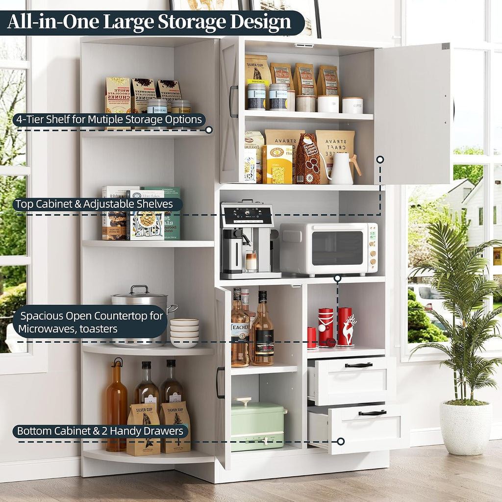 SUNLEI Farmhouse Tall Kitchen Hutch, Pantry Storage Cabinet with Microwave Shelf, Multi-Functional Kitchen Organizers with Cupboard & Drawers for Dining Room, White