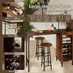 GOFLAME Bar Table Set for 2, Counter Height Dining Table Set with Shelves, Cup Holder & Wine Rack, Breakfast Table & Stools Set, 3-Piece Pub Table Set for Kitchen, Dining Room, Rustic Brown