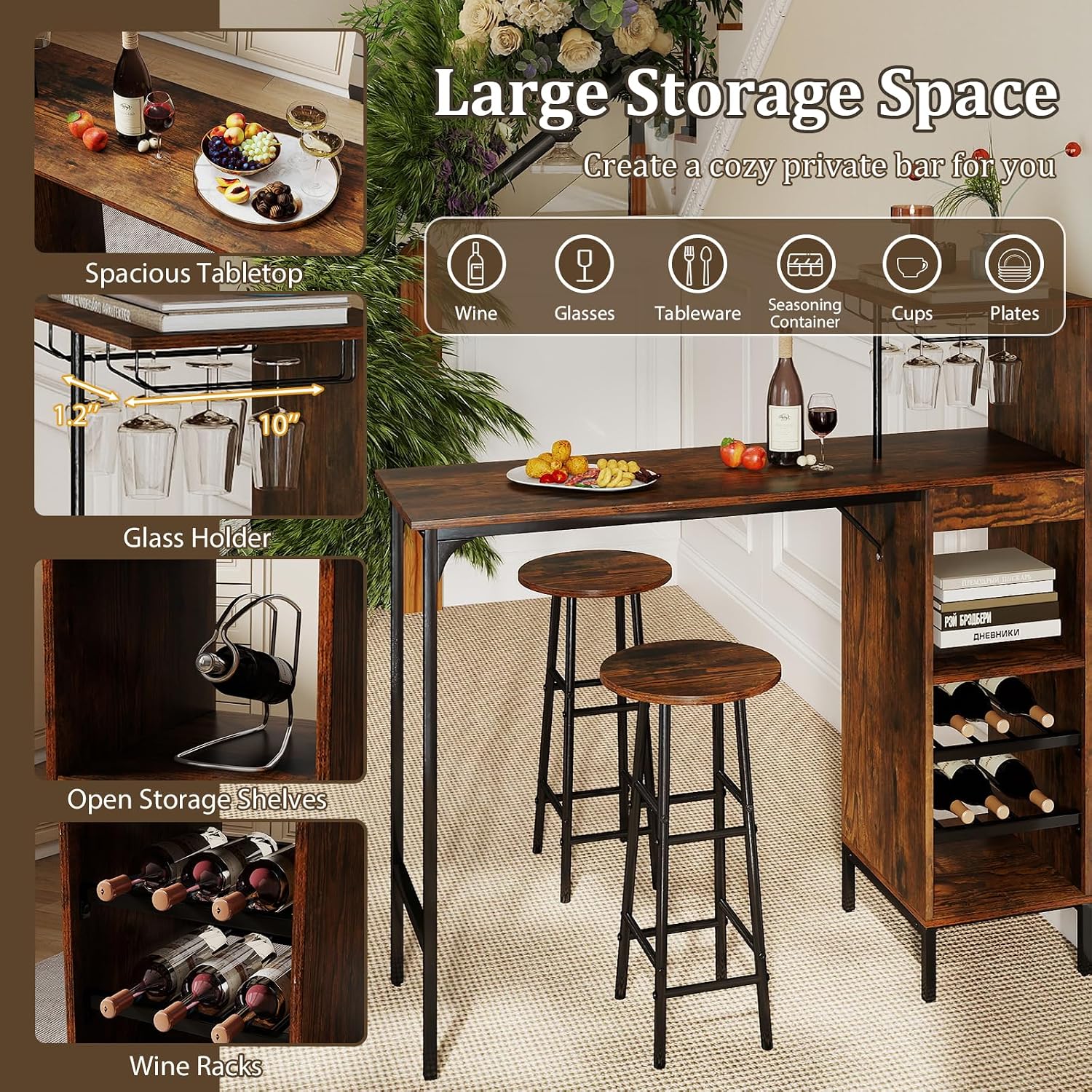 GOFLAME Bar Table Set for 2, Counter Height Dining Table Set with Shelves, Cup Holder & Wine Rack, Breakfast Table & Stools Set, 3-Piece Pub Table Set for Kitchen, Dining Room, Rustic Brown