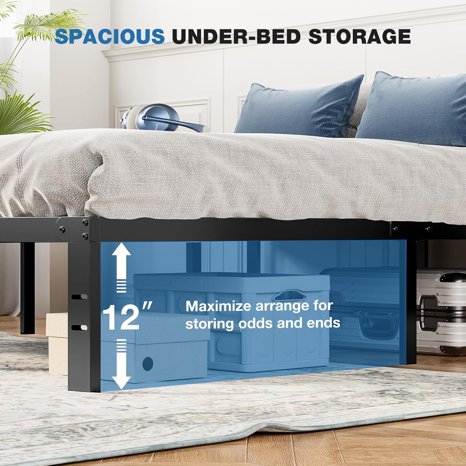 OLIXIS Metal Queen Bed Frame - 14in High with Storage Space, No Box Spring Needed with Sturdy Steel Slat Support, 2200LBS Heavy Duty for Easy Assembly, Black for Bedroom