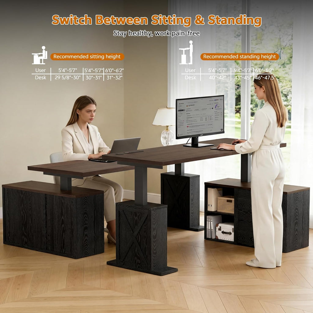 67" L Shaped Standing Desk with Drawers, Electric Height Adjustable Corner Desk, Sit Stand Office Desk with 4 AC Outlets & Type C Port, Executive Computer Desk with Cabinet, Brown & Black