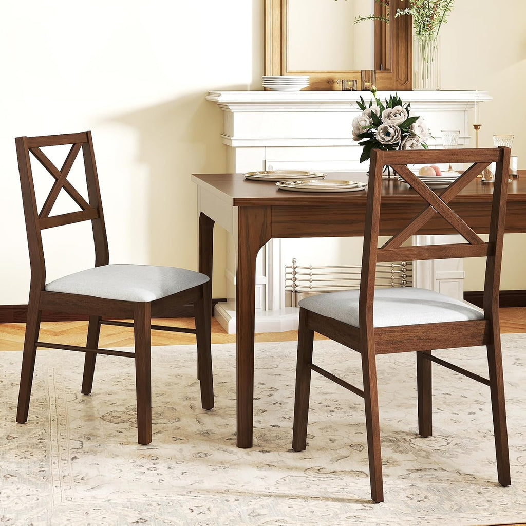 COSTWAY Wood Dining Chairs Set of 4, Upholstered Farmhouse Modern Dining Room Chairs with Backrest and 400LBS Capacity for Kitchen (Brown)