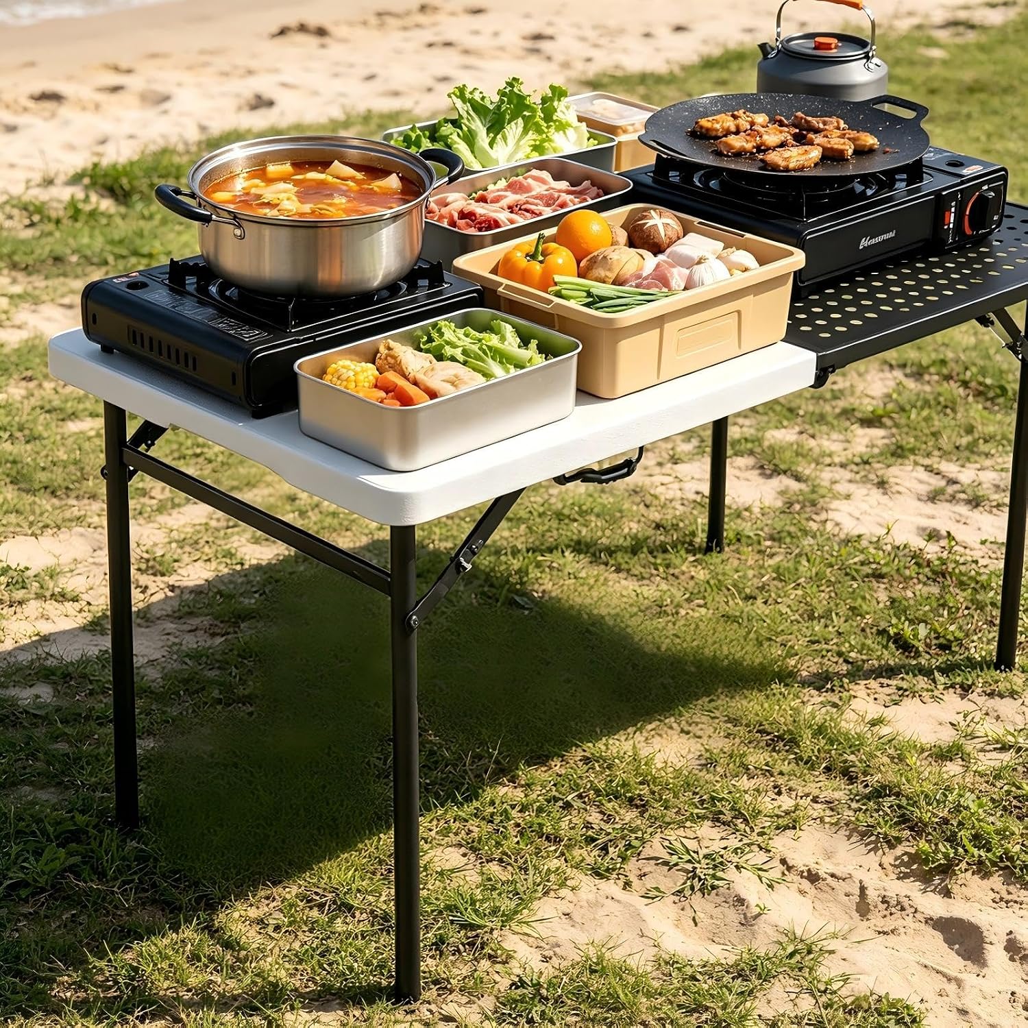 5FT Folding Table Portable Picnic Table with Metal Grid Grilling Surface, Foldable Camping Table Food Prep Station for BBQ, Patio & Beach