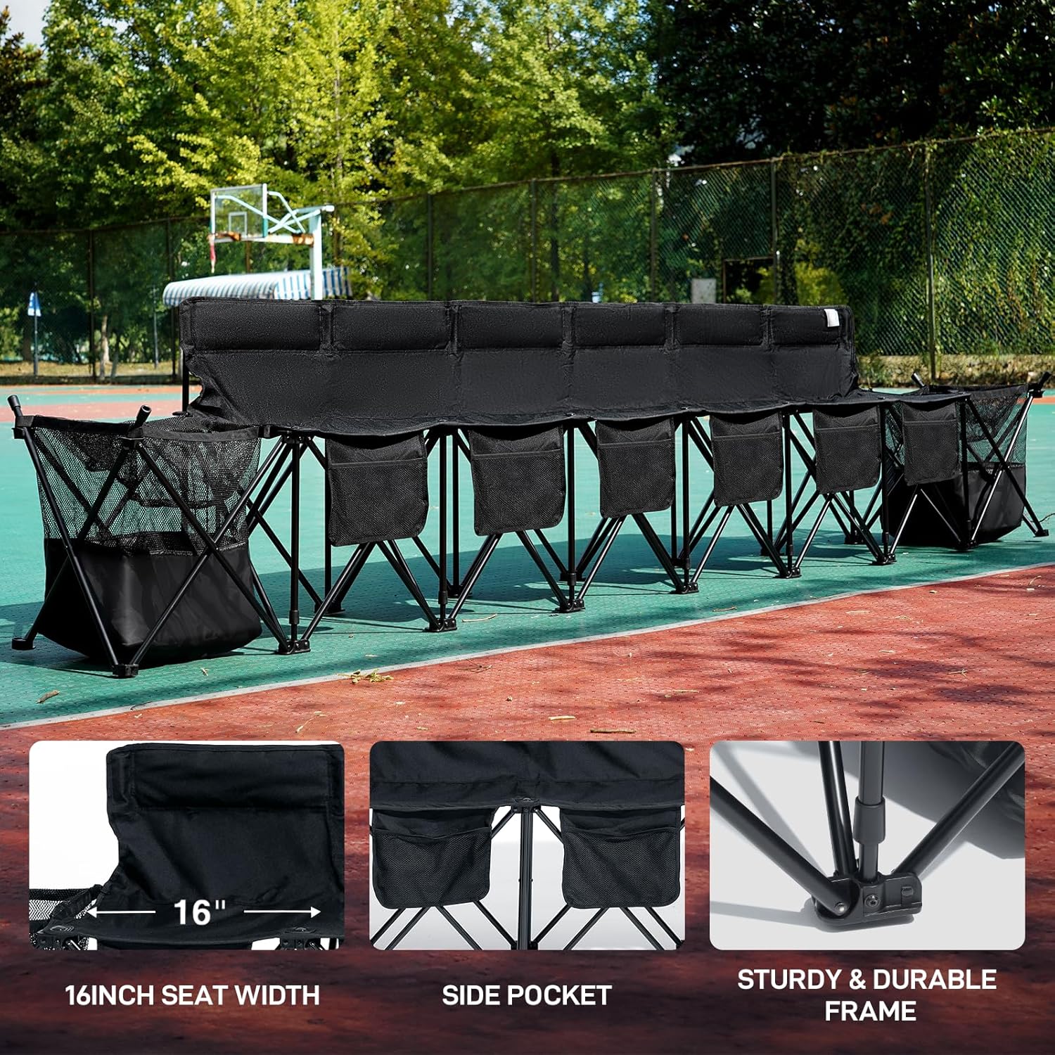 EVER ADVANCED 6 Seats Folding Soccer Team Bench with Carry Bag, Portable Soccer Sideline Chairs with Side Storage Basket, Sports Football Seating for Camping & Outdoor Games Events