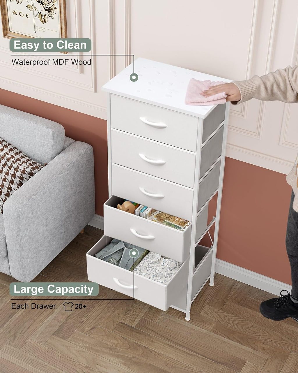 Crestlive Products Tall Dresser for Bedroom Vertical Storage Tower - Sturdy Steel Frame, Wood Top, Easy Pull Fabric Bins, Handles - Organizer Unit for Hallway, Entryway, Closets - 6 Drawers (White)