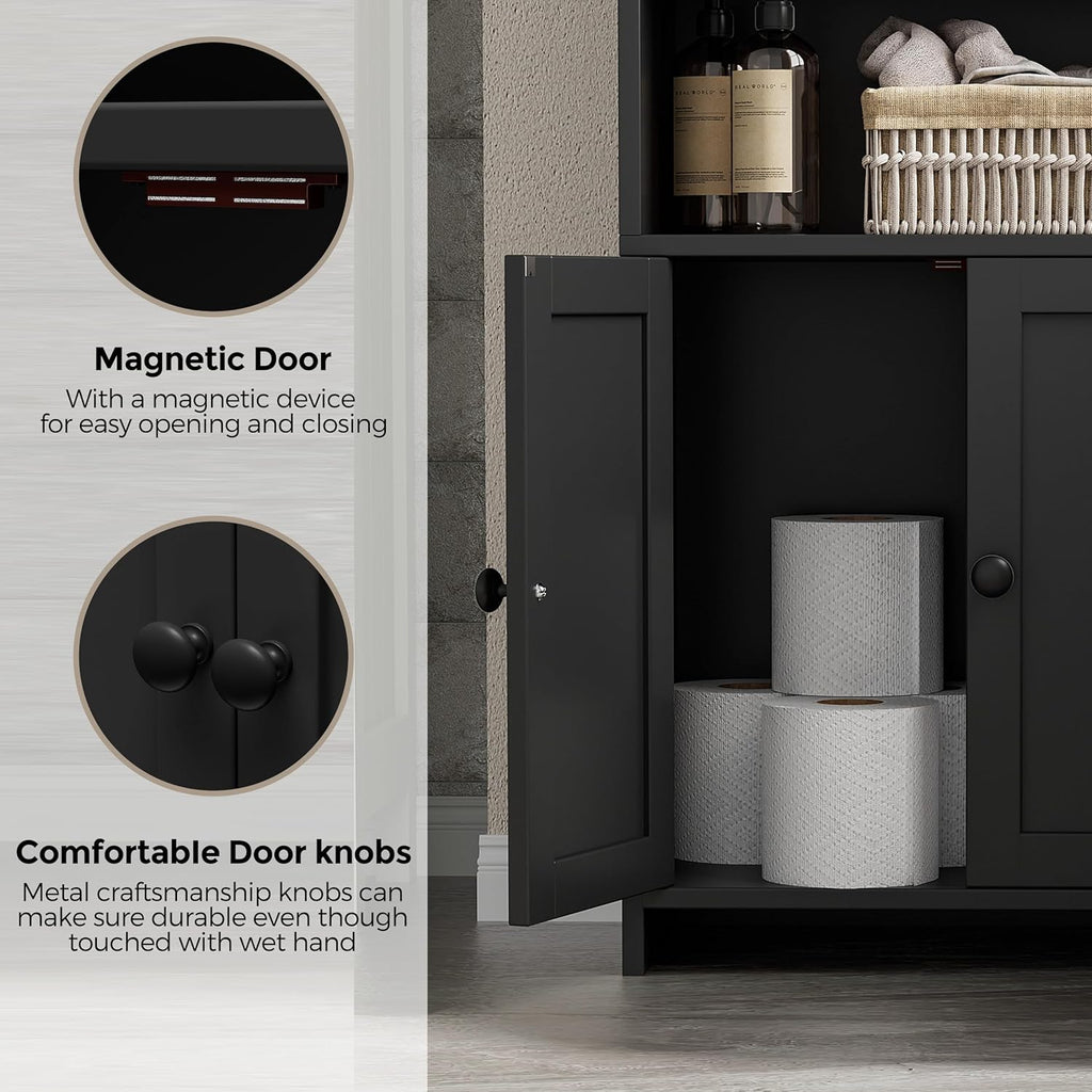 Homhedy Small Bathroom Storage Cabinet, Freestanding Toilet Paper Storage with 2 Doors and Shelves, Bathroom Organizers and Storage for Small Spaces, Laundry Room, 7.9" D x 14.6" W x 31" H, Black