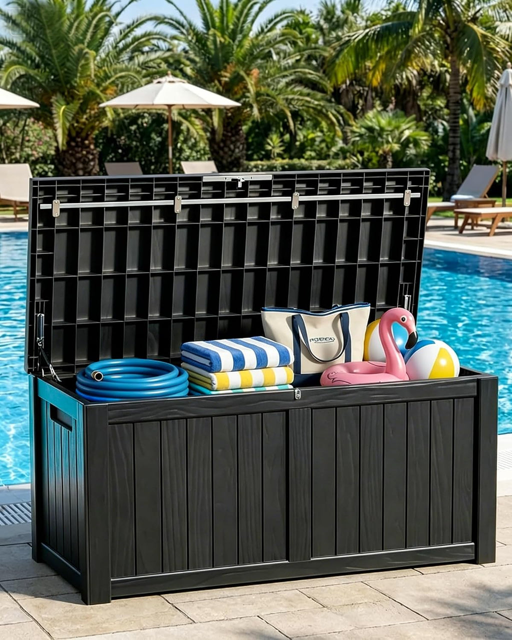 155 Gallon Waterproof Outdoor Storage Box, Large Lockable Deck Box, Indoor Outdoor Resin Storage Bench with Hydraulic Rod for Patio Furniture/Cushions/Garden Tools/Backyard/Pool Accessories, Black