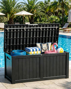 155 Gallon Waterproof Outdoor Storage Box, Large Lockable Deck Box, Indoor Outdoor Resin Storage Bench with Hydraulic Rod for Patio Furniture/Cushions/Garden Tools/Backyard/Pool Accessories, Black