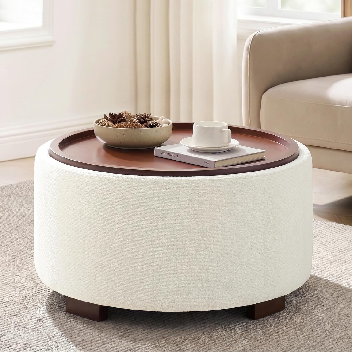 Huatean Home 29.1 Inch Round Coffee Table, Storage Ottoman with Removable Lid Top and Solid Wood Legs, Round Ottoman with Storage for Living Room, Bedroom, Corners, Entryway, Boucle Ottoman, Beige