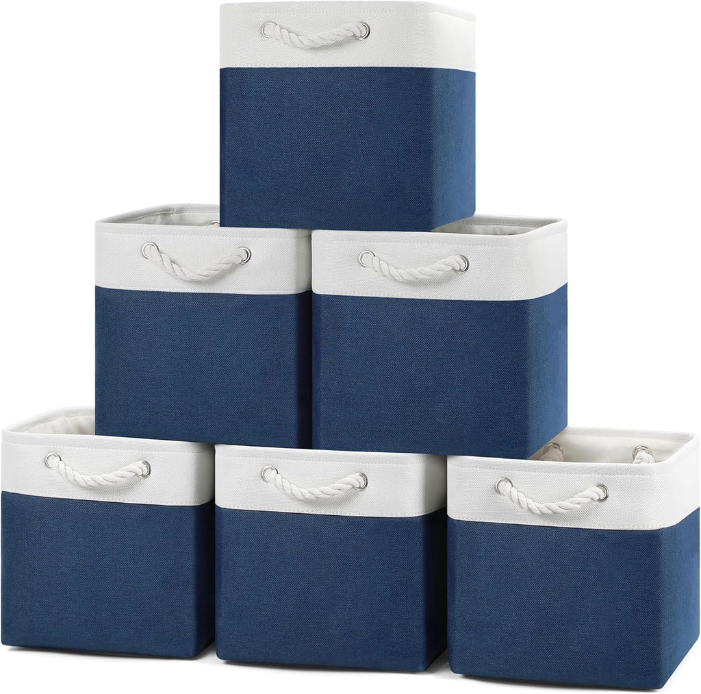 Posprica 11×11×11 Storage Cubes, Collapsible Storage Bins Organizer for Closet, Fabric Storage Box with Cotton Rope Handles, Decorative Storage Baskets for Shelves, set of 6 - White/Blue