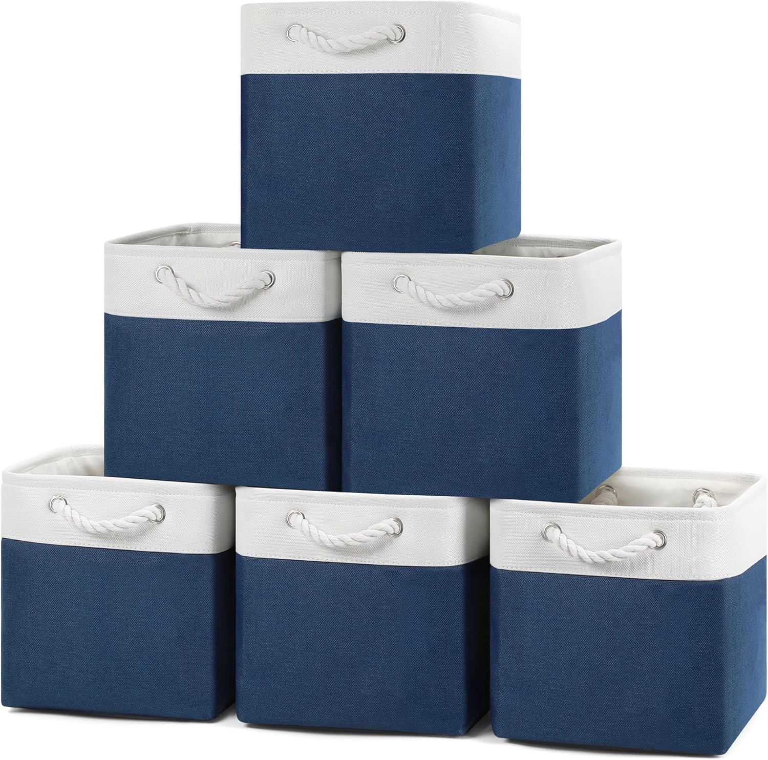 Posprica 11×11×11 Storage Cubes, Collapsible Storage Bins Organizer for Closet, Fabric Storage Box with Cotton Rope Handles, Decorative Storage Baskets for Shelves, set of 6 - White/Blue