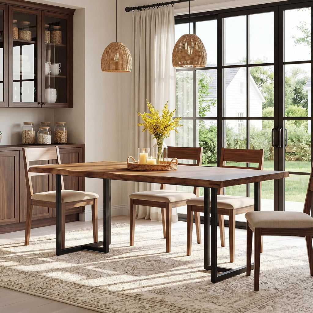 63" Solid Wood Dining Table for 4–6, Rectangular Kitchen & Dining Room Table with Live-Edge Inspired Top, Industrial Dining Table with Heavy-Duty Metal Frame