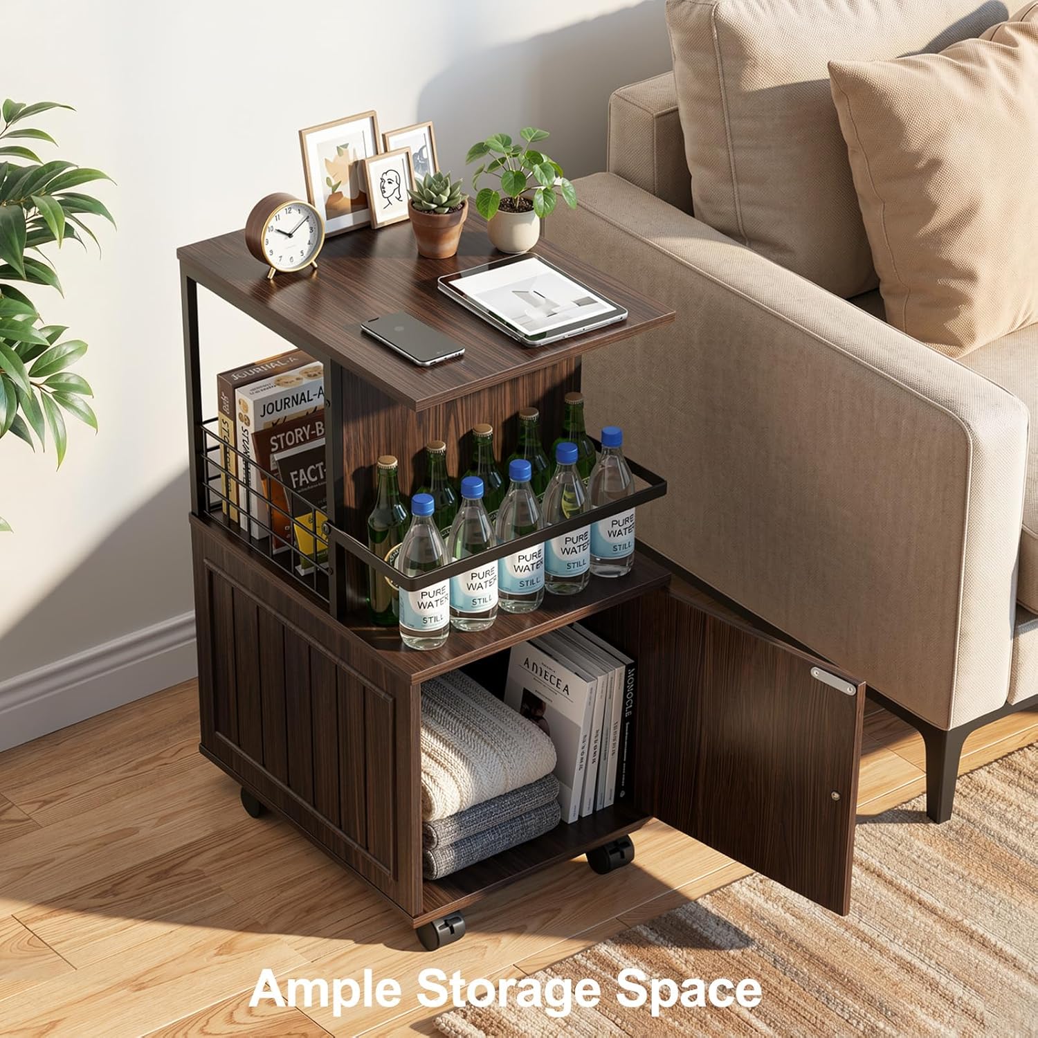Narrow End Table with Storage Cabinet, Small Side Table with Open Storage Areas, Slim Sofa Side Table for Living Room, Nightstand for Small Spaces, Walnut