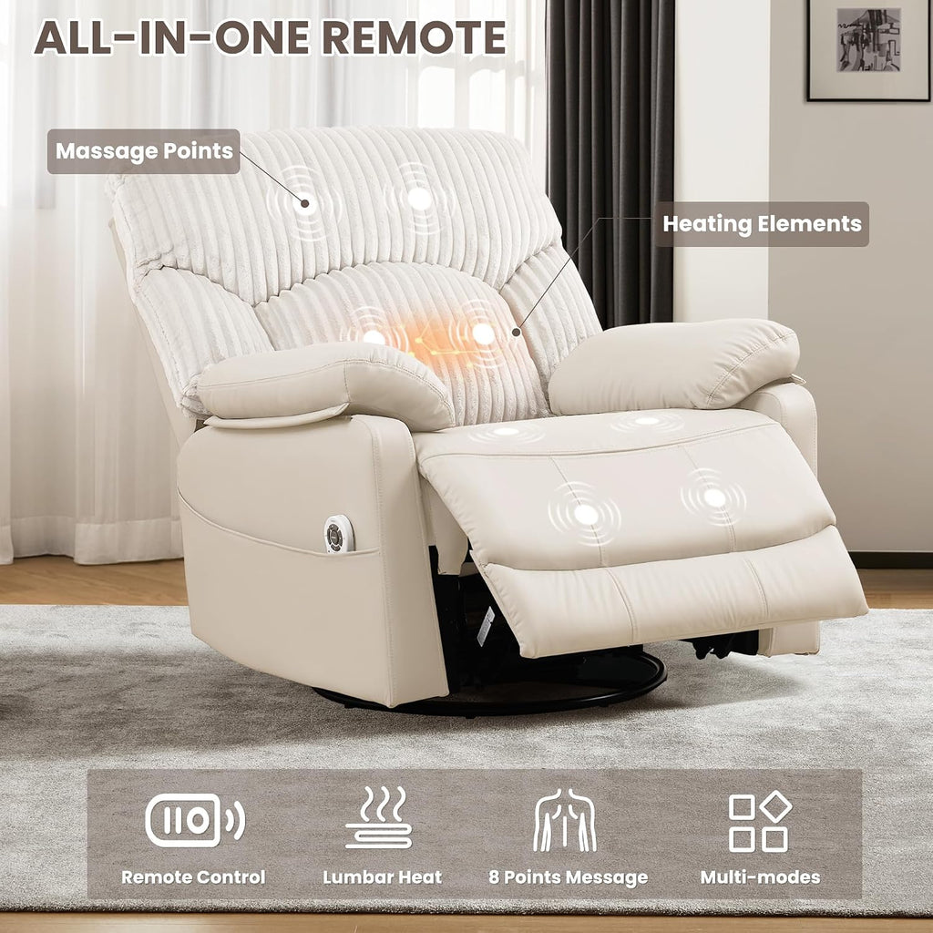 GRAINELL Swivel Rocker Recliner Chair with Massage and Heat, USB Charging Port, Infinite Position Power Recliner, Electric Glider Rocking Chairs for Living Room, Nursery, Ivory