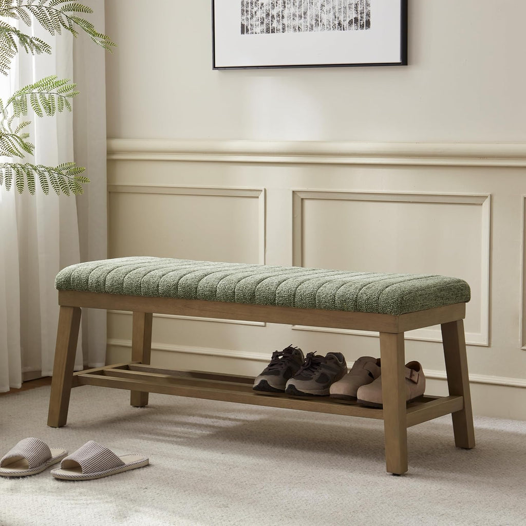 VKNOW Entryway Bench, 44.4" Upholstered Storage Shoe Bench for Entryway & Bedroom, Shoe Rack Bench with Rubberwood Legs, Modern End of Bed Bench for Living Room and Hallway, Green