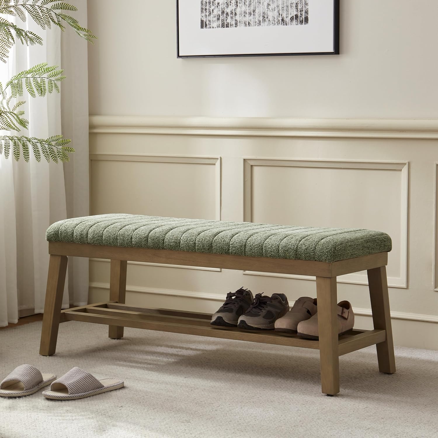 VKNOW Entryway Bench, 44.4" Upholstered Storage Shoe Bench for Entryway & Bedroom, Shoe Rack Bench with Rubberwood Legs, Modern End of Bed Bench for Living Room and Hallway, Green