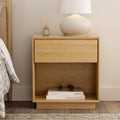 Wood End Side Table Modern Farmhouse Nightstand Bedside Cabinet with Storage Drawer and Open Shelf for Bedroom, Living Room, Natural Oak