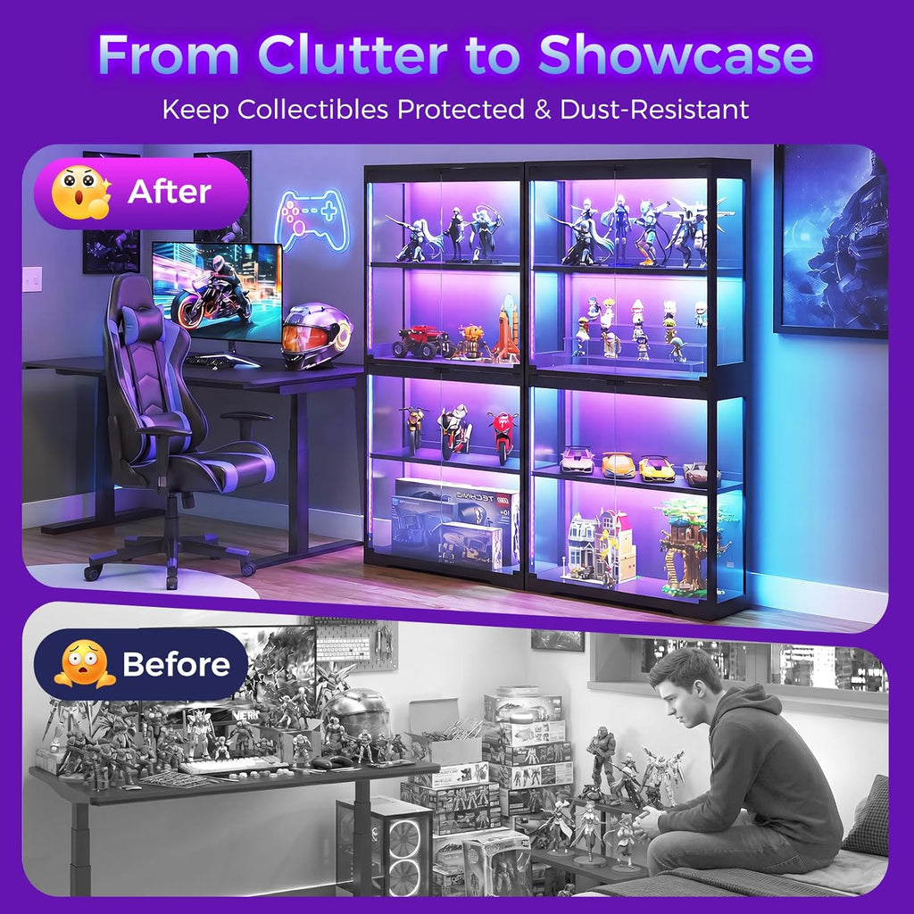 AODK Glass Display Cabinet with Glass Doors, RGB Light Display Case, 4-Tier Storage Cabinet Display Shelf for Showcase, Black Curio Cabinet for Collectibles