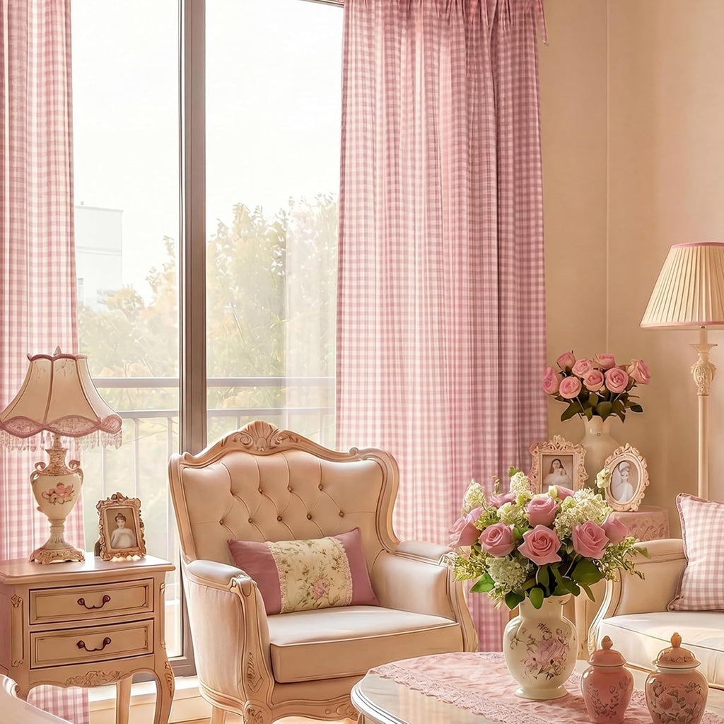 NICETOWN Rose Pink Plaid Curtains for Nursery, Tie Top Bow Knot Checkered Girls Room Window Treatments, Coquette Room Decor Semi Sheer Light Filtering Living Room Drapes, W52 x L84, 2 Panels
