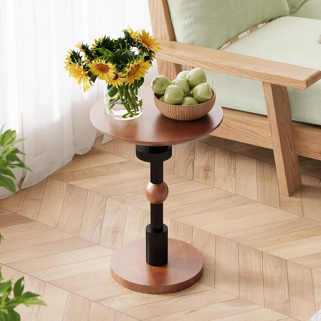 Round End Table, 100% Solid Wood Mid Century Modern Pedestal Side Table, Small Accent Table for Living Room,Bedroom,Balcony, Walnut Finish