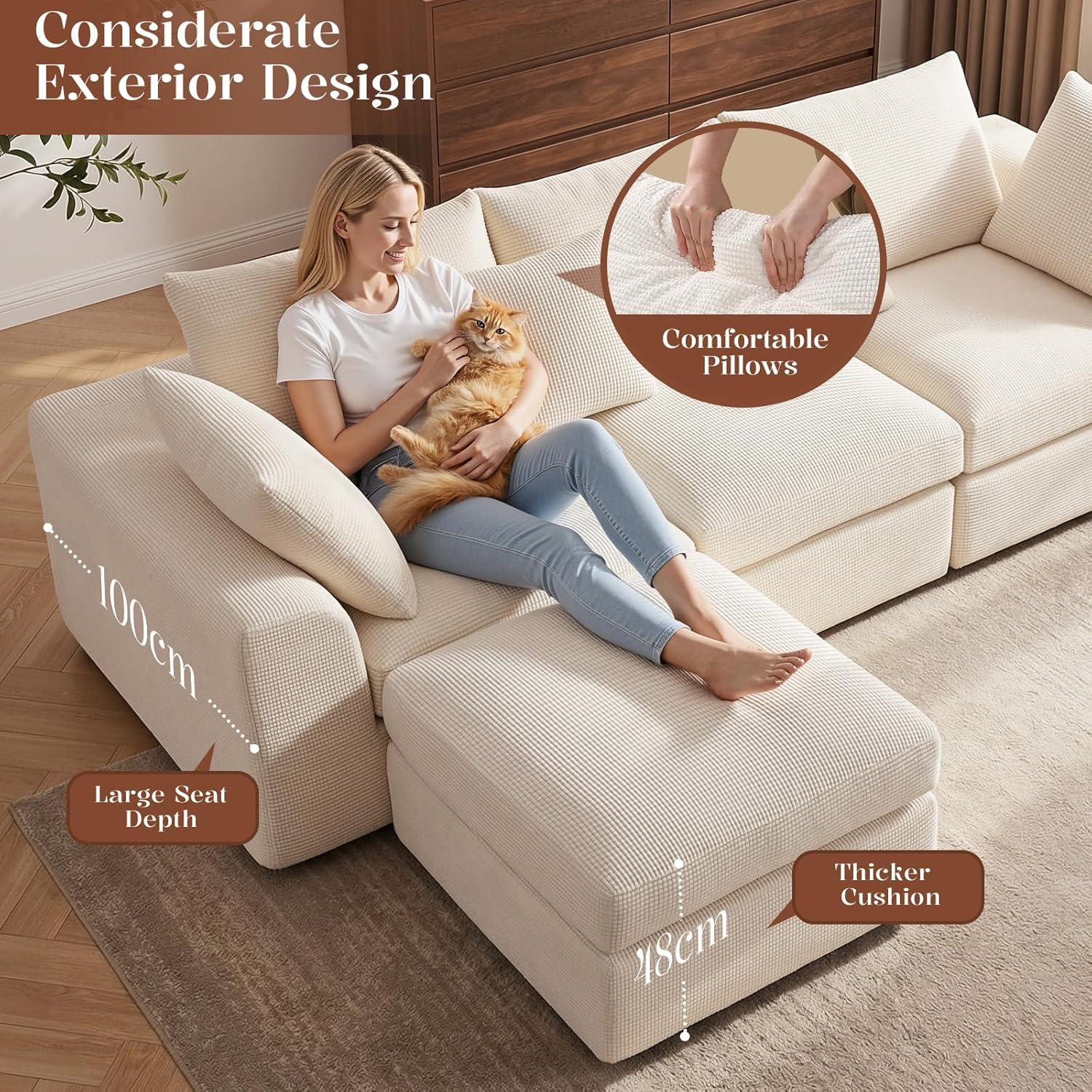 Benazcap 110" Cloud Sectional Couches for Living Room, L-Shaped Convertible Sofa, 3-Seat Modular Boneless Couch with Movable Ottoman, Beige