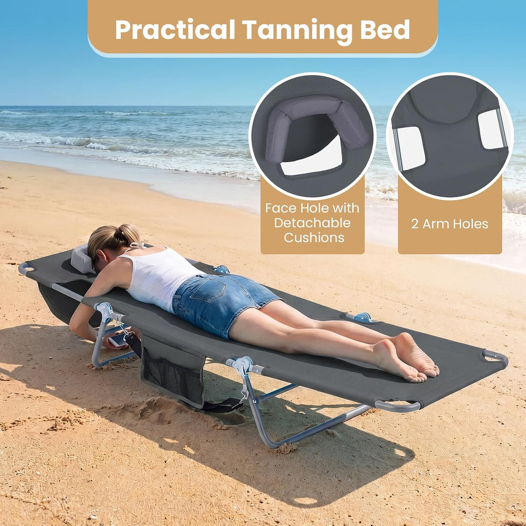 Goplus Tanning Chair, Portable Lightweight 10.5LBS Beach Lounger with Face Arm Holes, Adjustable 5-Position, 330LBS Capacity, Side Pocket, Removable Cushions, Portable Sunbathing Chair for Pool