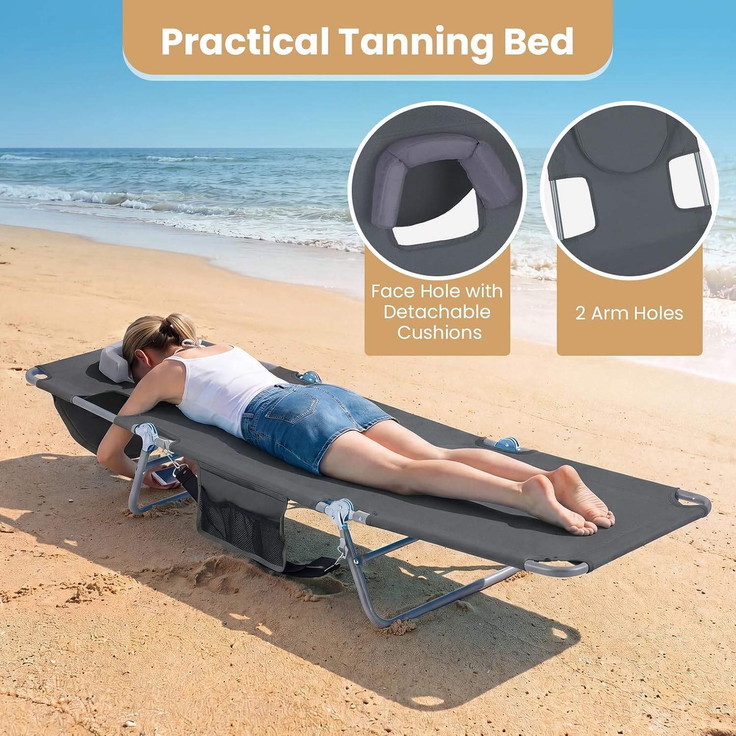 Goplus Tanning Chair, Portable Lightweight 10.5LBS Beach Lounger with Face Arm Holes, Adjustable 5-Position, 330LBS Capacity, Side Pocket, Removable Cushions, Portable Sunbathing Chair for Pool