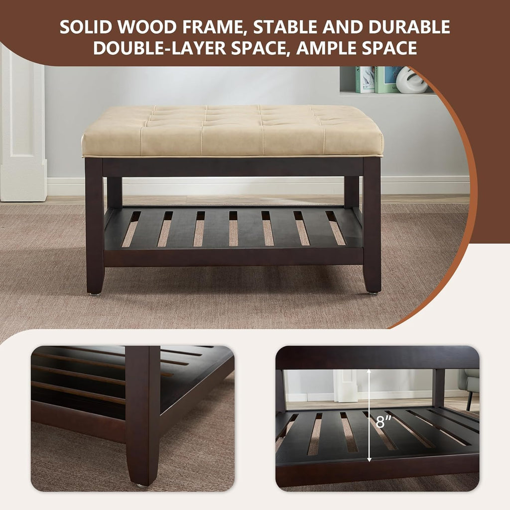 adochr 33'' PU Leather Large Square Ottoman Coffee Table with Storage, Upholstered Button Tufted Footrest Ottoman with Solid Wooden Tray,Coffee Table for Living Room,Ivory