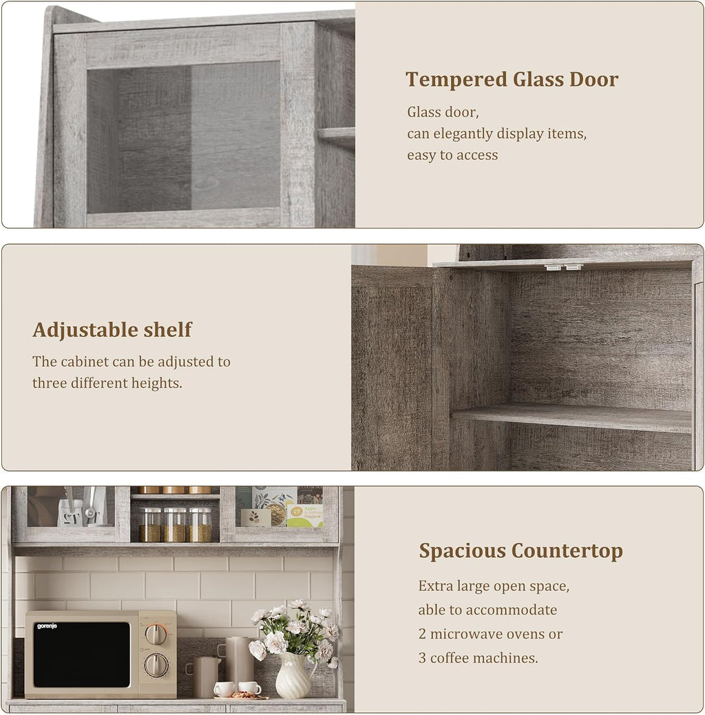 67'' Tall Kitchen Pantry Cabinet with Microwave Shelf, Sideboard Hutch Storage Cabinet with Doors, Shelves and Drawers, Wooden Coffee Bar, Sideboard Buffet Cabinets with Storage for Office(Grey)