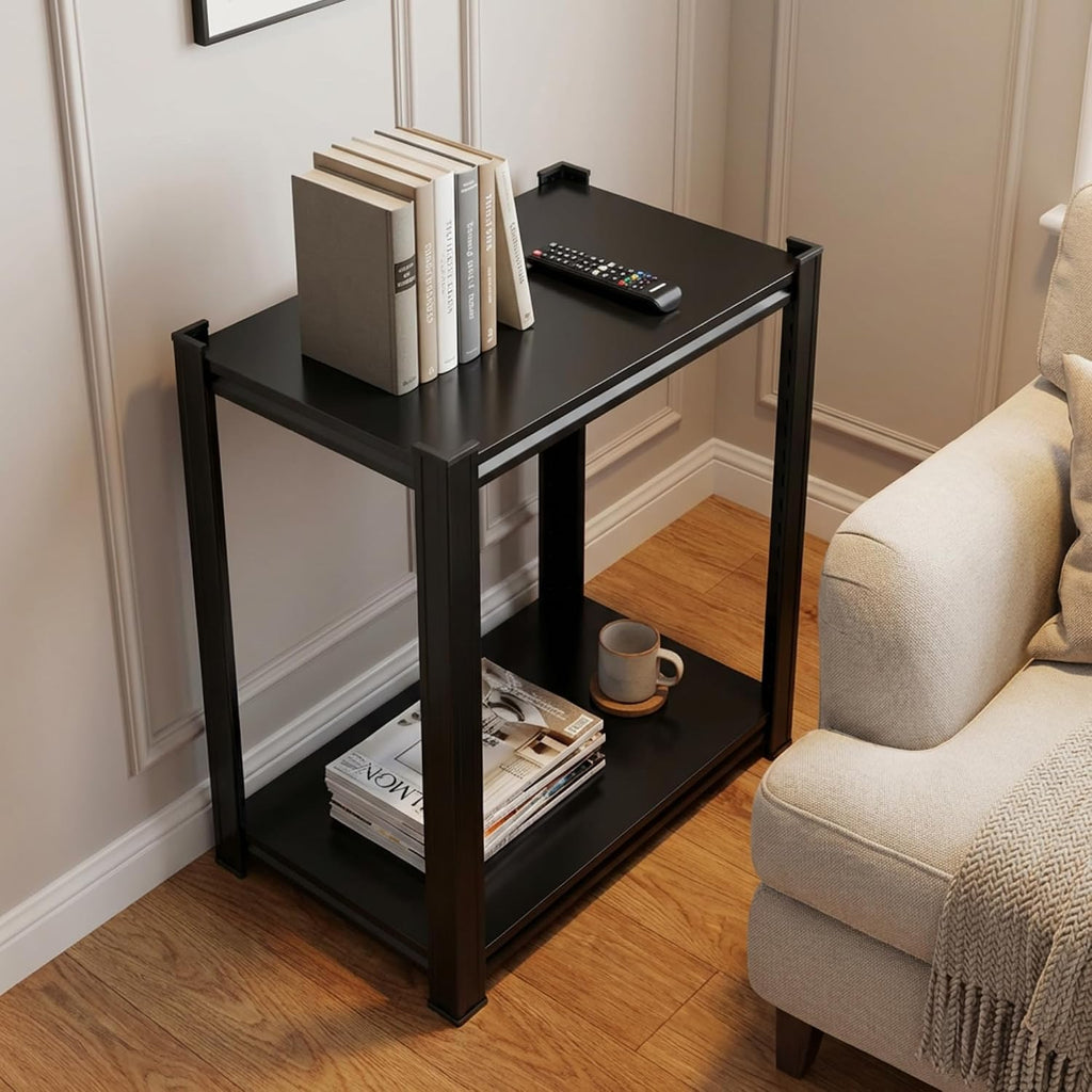Metal Side Table, Small End Table, Modern Nightstand with 2-Tier Storage Shelves, Industrial Bedside Table for Living Room, Bedroom, Office, Small Spaces, Sturdy Frame, Easy Assembly, Black