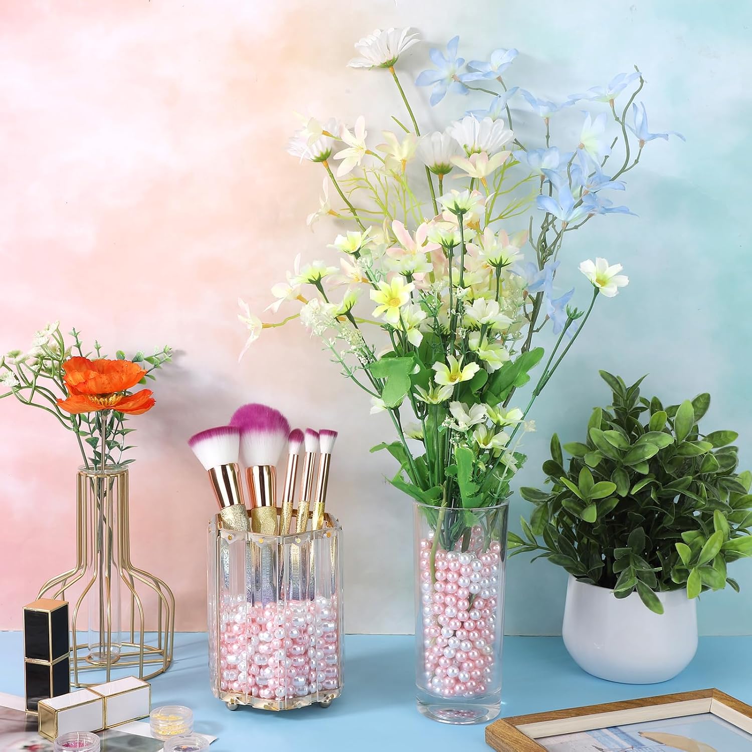 SUREAM 8mm Faux Fake Pearls for Crafting, 2600PCS Vase Filler Beads, Loose Beads No Hole for Vase Fillers, Table Scatter, Wedding, Birthday Party Home Decoration(White&Pink Color)
