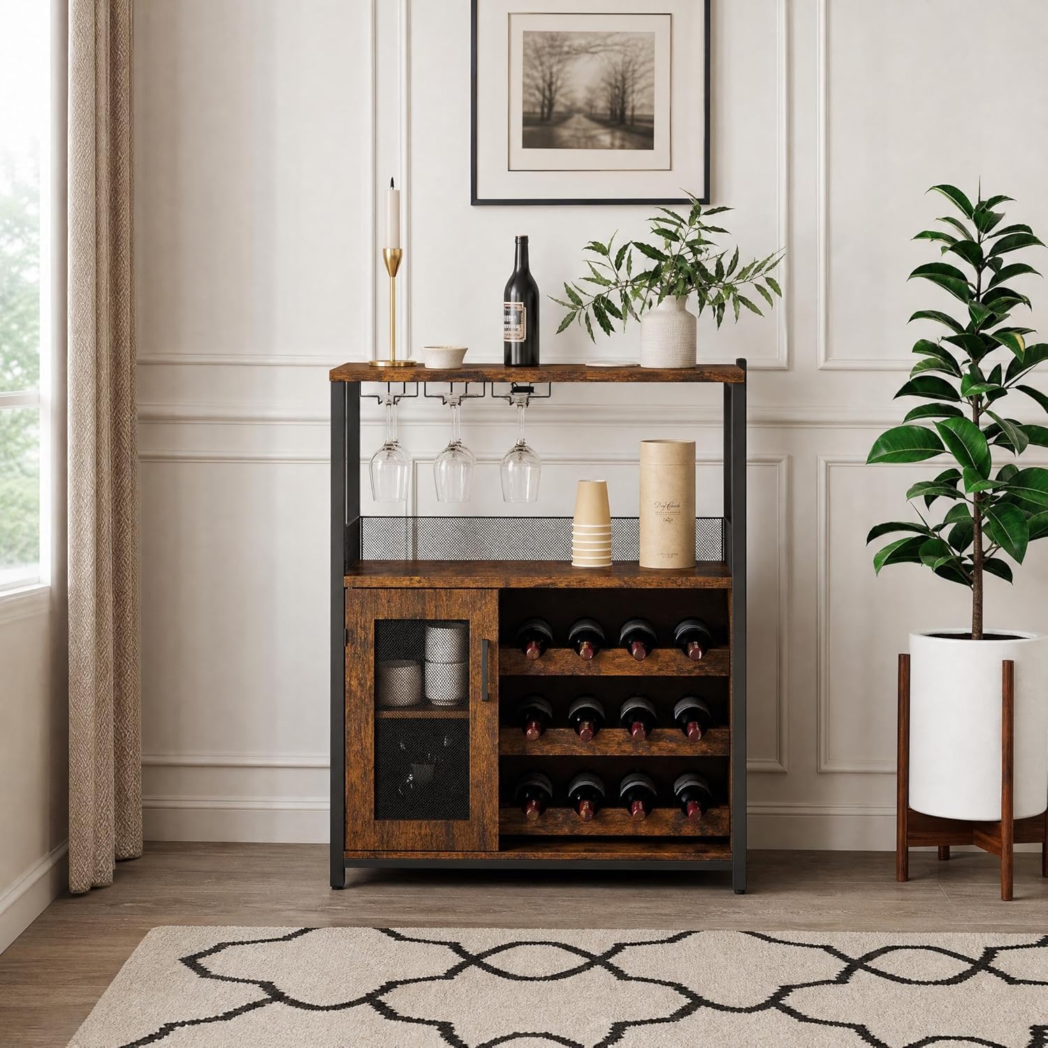 Wine Bar Cabinet with LED light, 3-Tier Removable wine rack cabinet glass holder, Mesh door adjustable shelf display cabinet bar, Waterproof metal frame buffet cabinet with storage bar cabinet, Retro