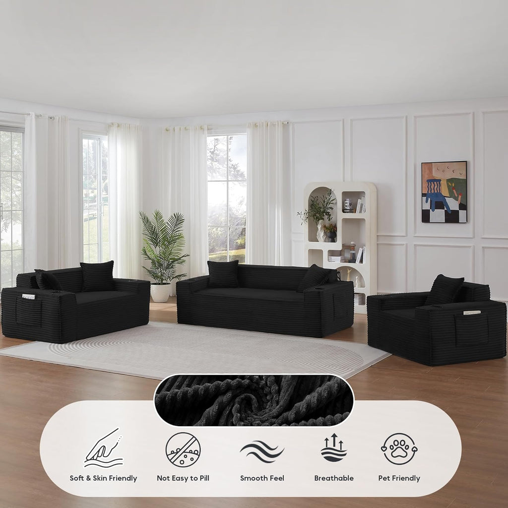 Boneless Sectional Sofa 3 Piece Set with Cup Holders & Side Pockets, Modern Corduroy Fabric Deep Seat Cloud Couch Living Room, Office, No Assembly (Black)