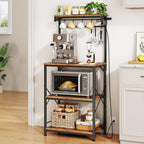 SNTD Bakers Rack with Power Outlet, Kitchen Shelves Microwave Stand with Wire Grid and 10 Hooks, 4 Tiers Coffee Stand (Rustic Brown, 21.7 x 14.2 x 49.6 Inches)